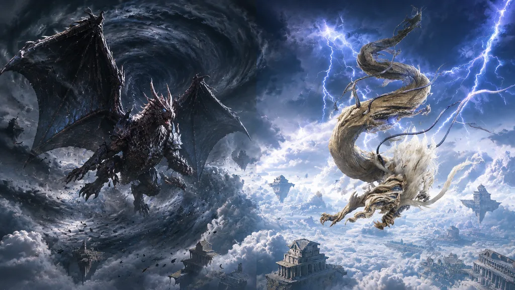 グンドラージャの雷雲とクシャルダオラの嵐を描いたアセンダンス気象古龍イメージ